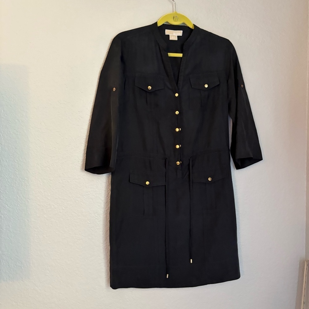 Michael Kors Women’s Black 3/4 Sleeve Roll Up Light Weight Silk Shirt Dress